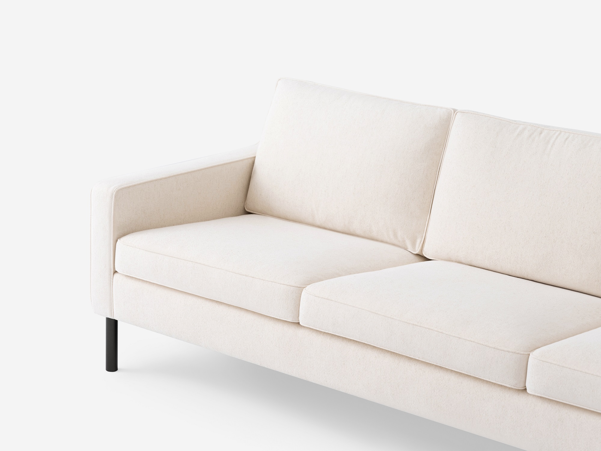 Detail view of the Skye mid century sofa in white fabric